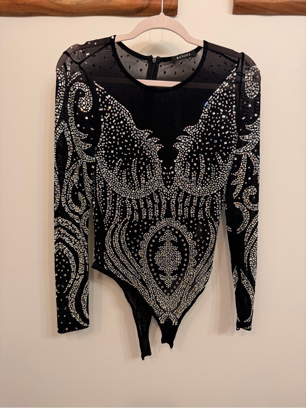 Banjul Black Rhinestone-Embellished Long-Sleeve Bodysuit